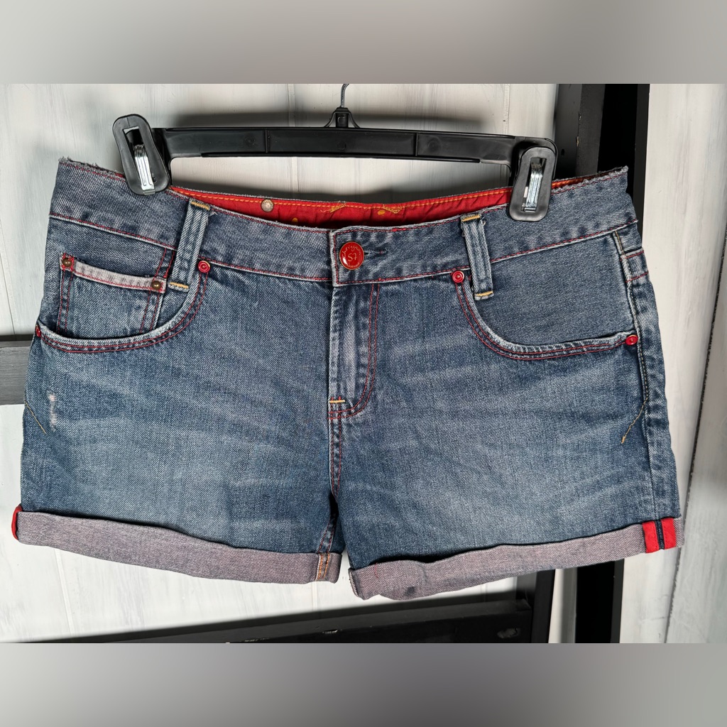 Vtg Chevignon Denim Shorts, Distressed, 3” Inseam & 31” Waist, Red Details, Cool
